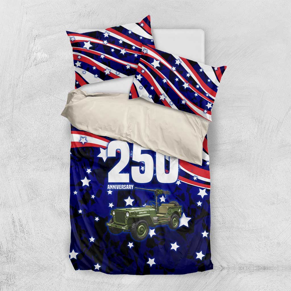 United States 250th Anniversary Military Jeep Tribute Bedding Set Patriotic Star-Spangled Vintage Art Style