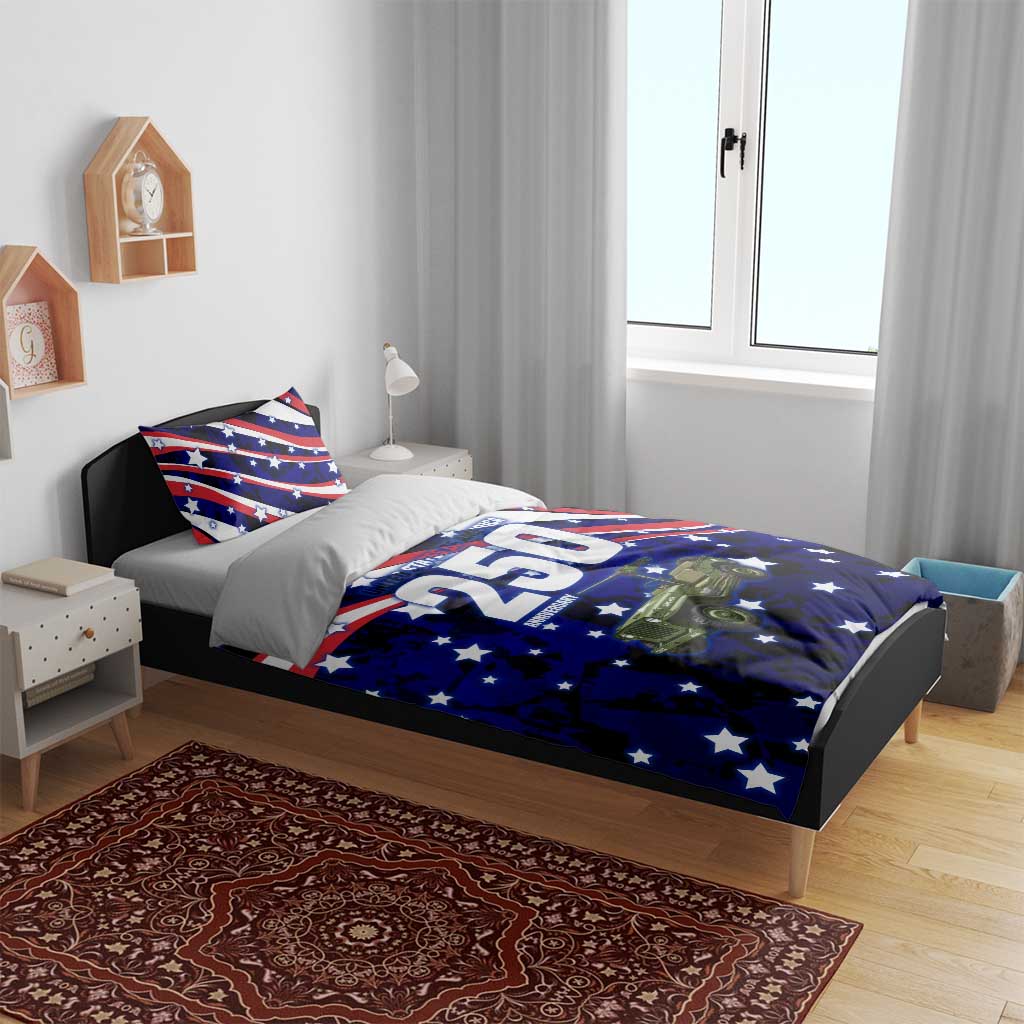 United States 250th Anniversary Military Jeep Tribute Bedding Set Patriotic Star-Spangled Vintage Art Style