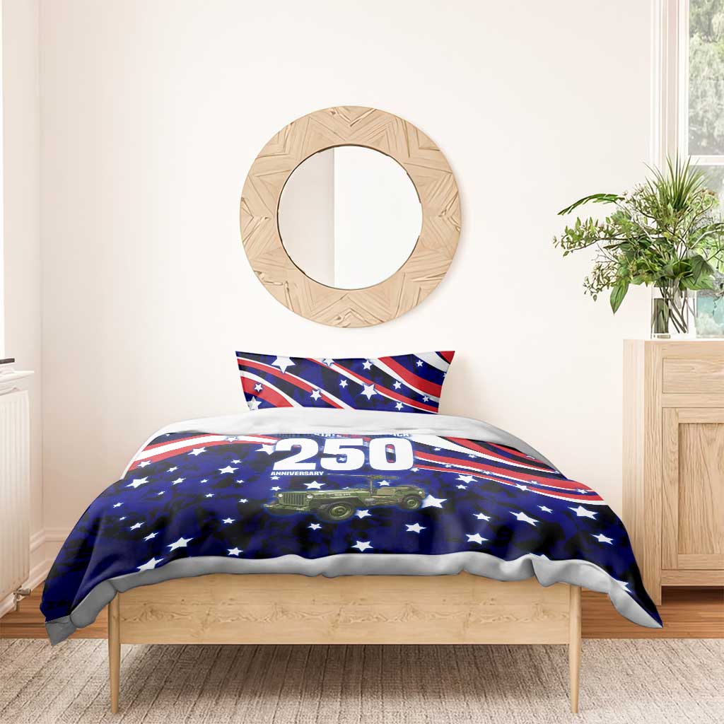 United States 250th Anniversary Military Jeep Tribute Bedding Set Patriotic Star-Spangled Vintage Art Style