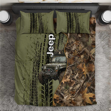 Jeep Deer Hunting Bedding Set Camo Forest Grunge Style