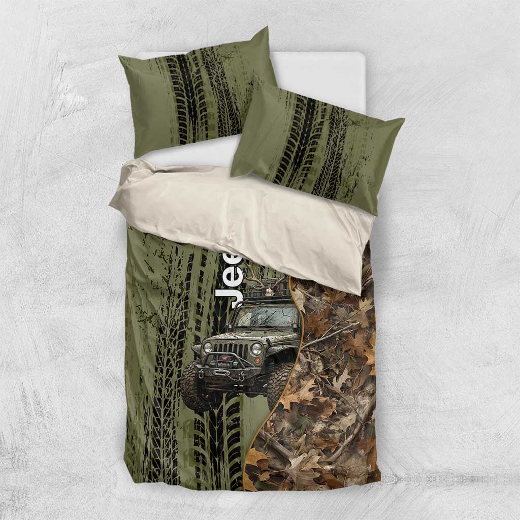 Jeep Deer Hunting Bedding Set Camo Forest Grunge Style