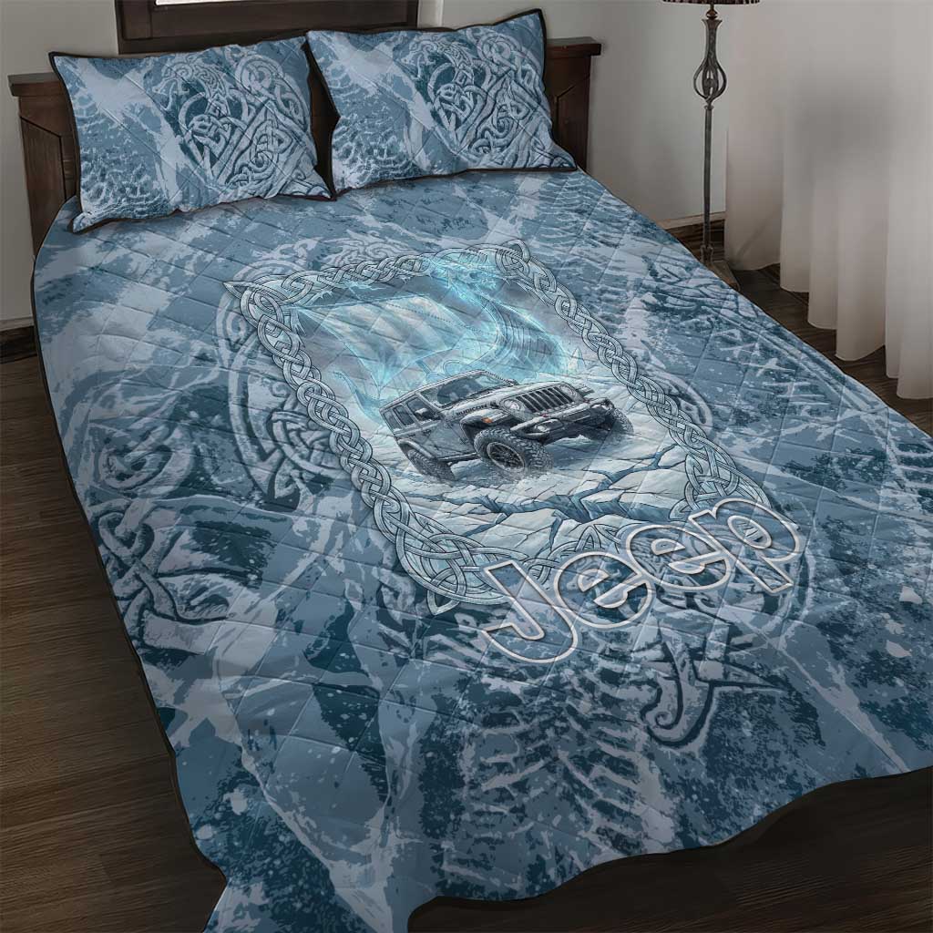 Modern Viking Jeep Quilt Bed Set Norse Mythology Ice Art Style