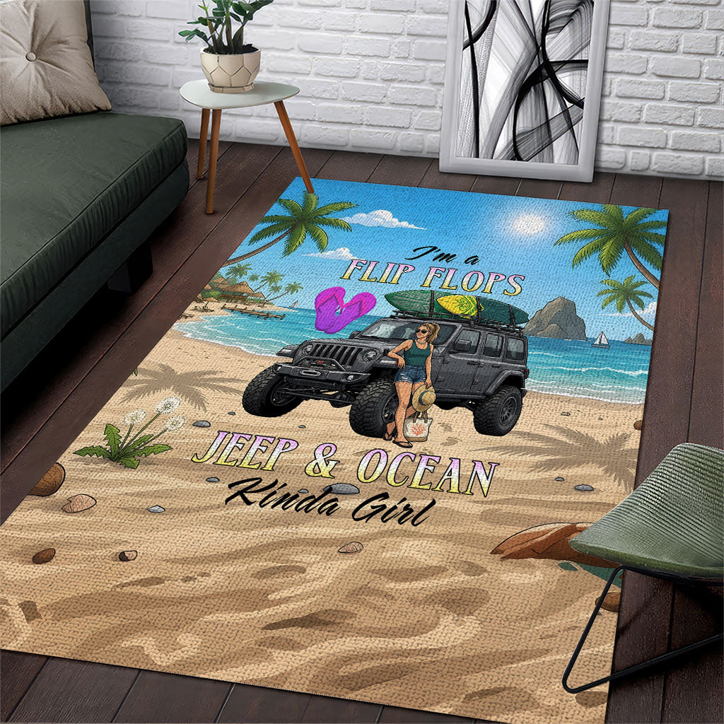I’m A Flip Flops Jeep & Ocean Kinda Girl Area Rug Tropical Beach Adventure Illustration Style TS04