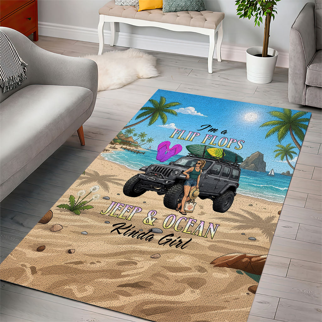 I’m A Flip Flops Jeep & Ocean Kinda Girl Area Rug Tropical Beach Adventure Illustration Style TS04