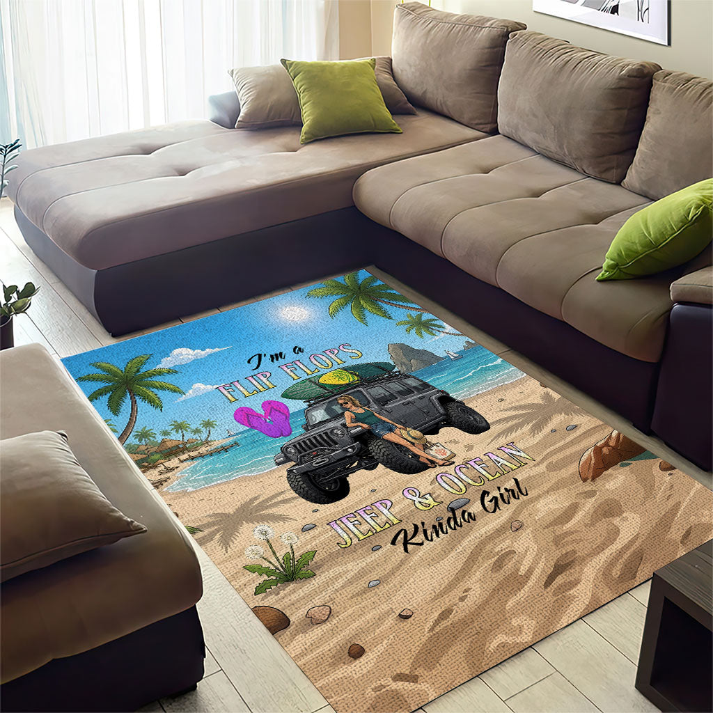 I’m A Flip Flops Jeep & Ocean Kinda Girl Area Rug Tropical Beach Adventure Illustration Style TS04
