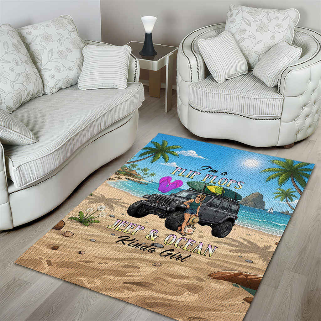 I’m A Flip Flops Jeep & Ocean Kinda Girl Area Rug Tropical Beach Adventure Illustration Style TS04