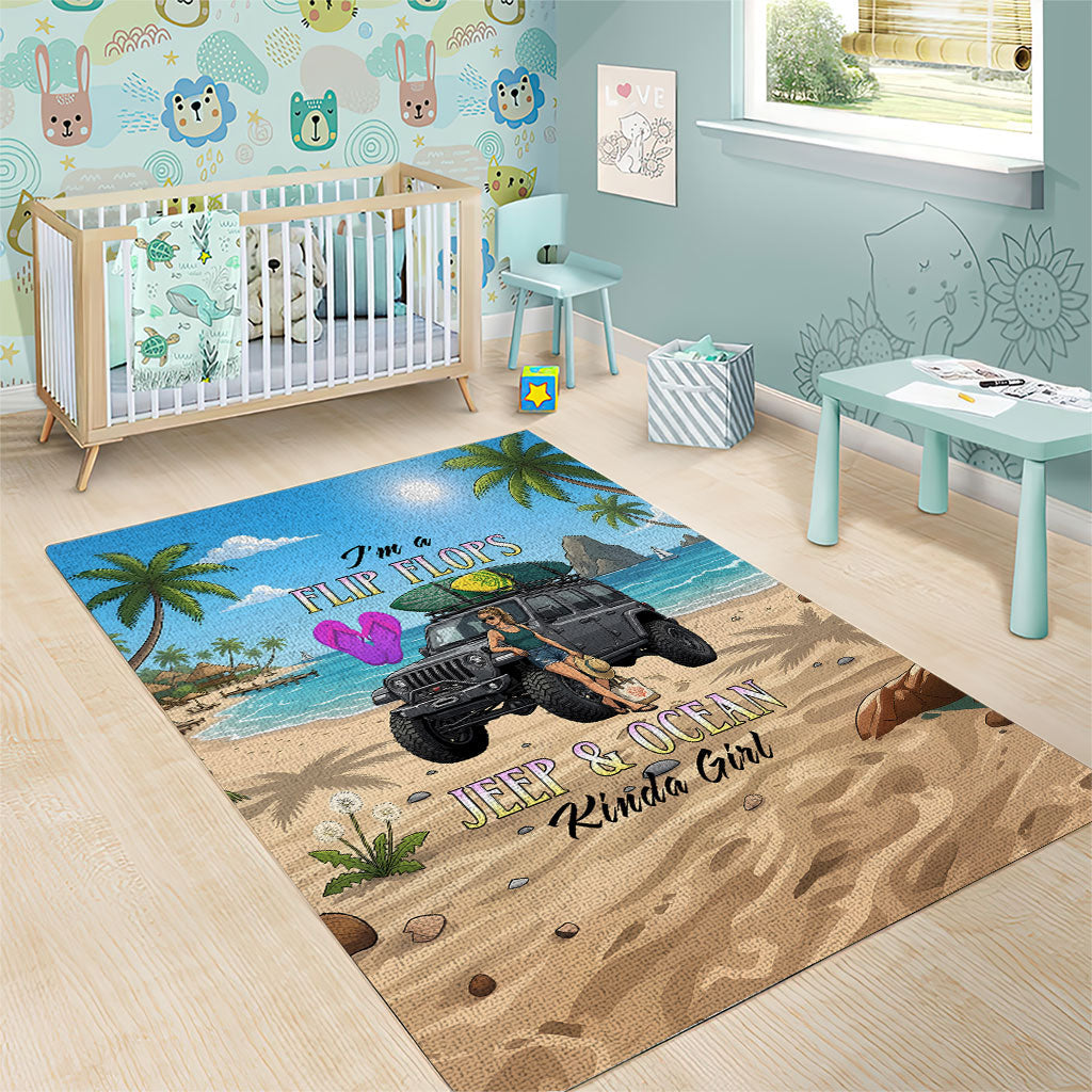 I’m A Flip Flops Jeep & Ocean Kinda Girl Area Rug Tropical Beach Adventure Illustration Style TS04