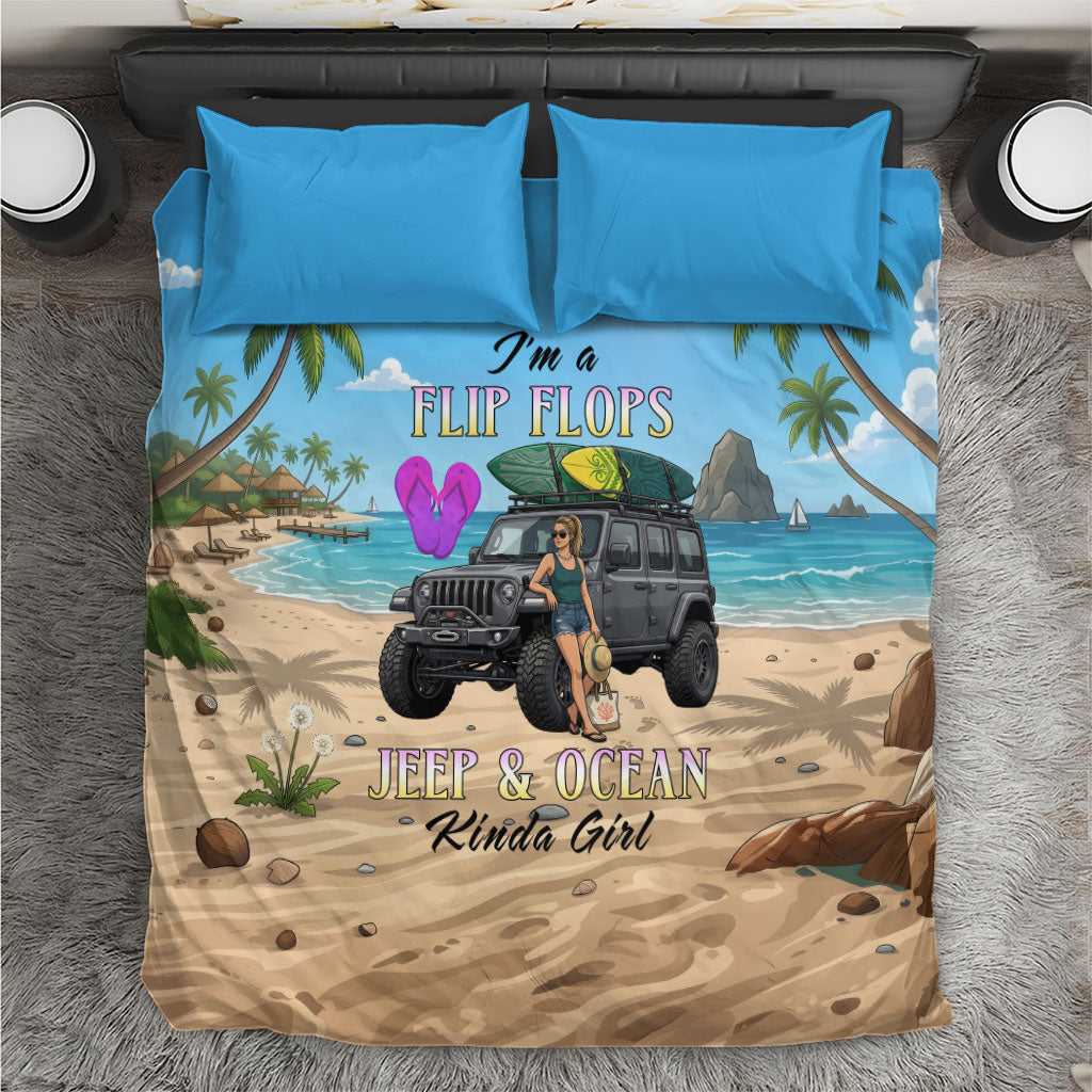 I’m A Flip Flops Jeep & Ocean Kinda Girl Bedding Set Tropical Beach Adventure Illustration Style