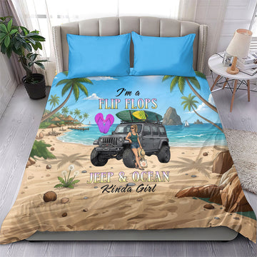 I’m A Flip Flops Jeep & Ocean Kinda Girl Bedding Set Tropical Beach Adventure Illustration Style