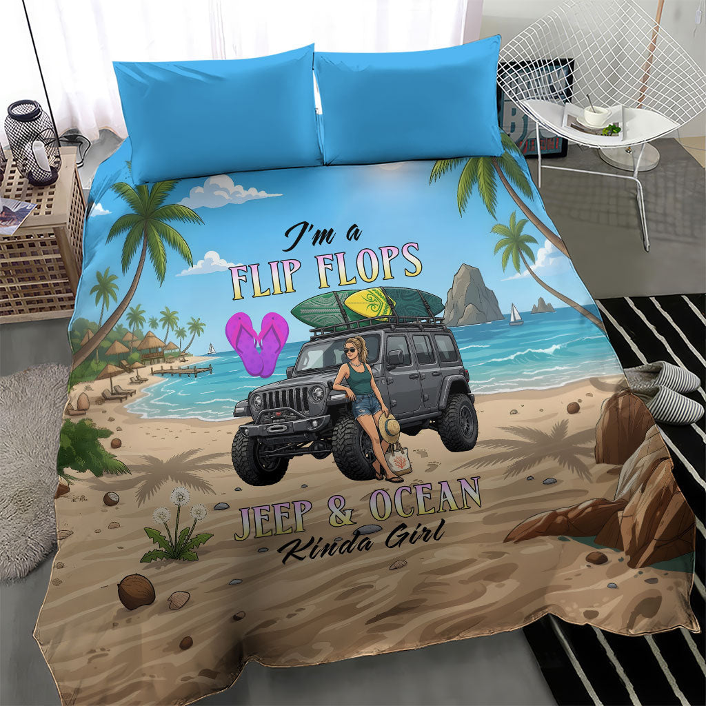I’m A Flip Flops Jeep & Ocean Kinda Girl Bedding Set Tropical Beach Adventure Illustration Style