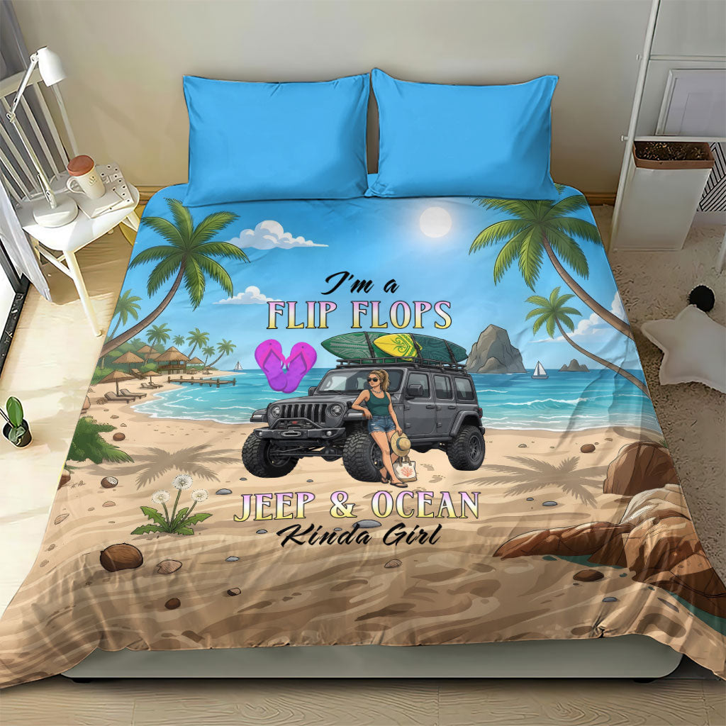 I’m A Flip Flops Jeep & Ocean Kinda Girl Bedding Set Tropical Beach Adventure Illustration Style