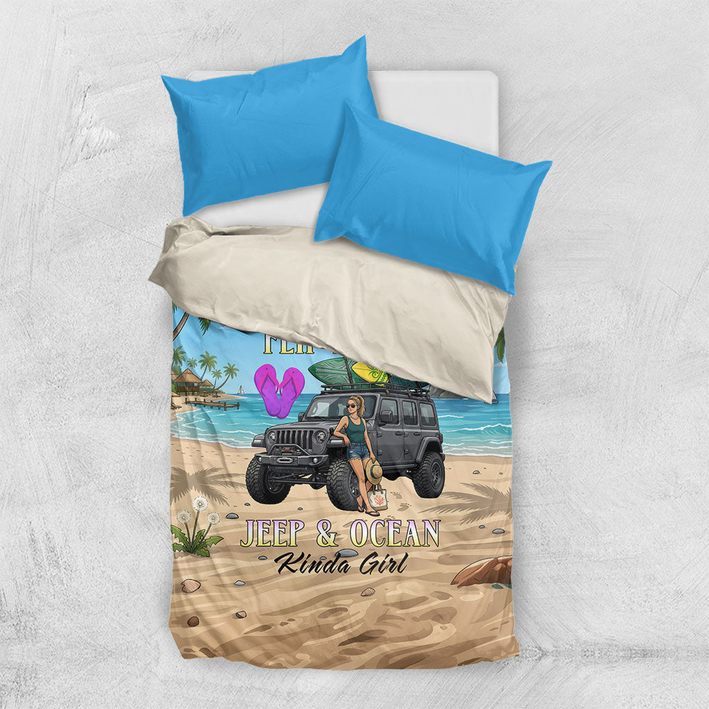 I’m A Flip Flops Jeep & Ocean Kinda Girl Bedding Set Tropical Beach Adventure Illustration Style