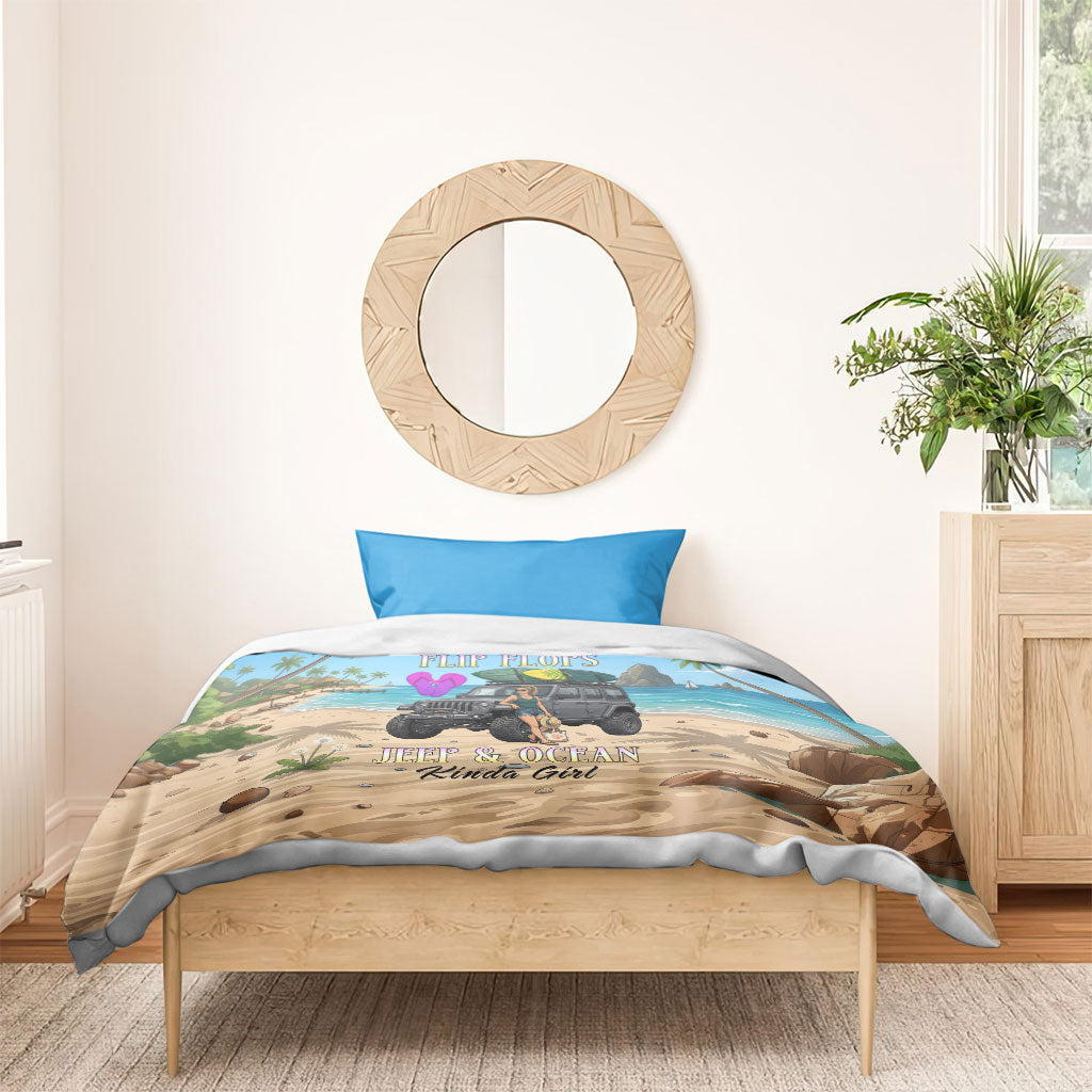 I’m A Flip Flops Jeep & Ocean Kinda Girl Bedding Set Tropical Beach Adventure Illustration Style