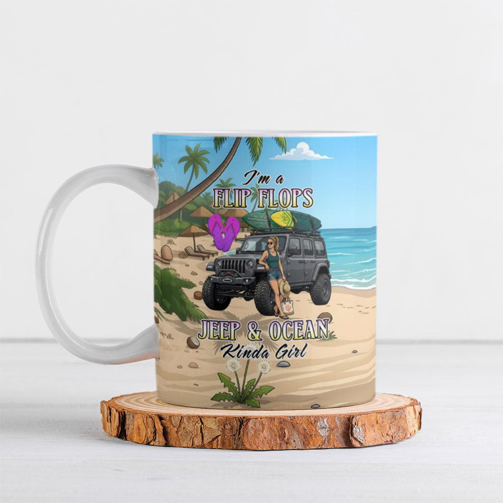 I’m A Flip Flops Jeep & Ocean Kinda Girl Ceramic Mug Tropical Beach Adventure Illustration Style