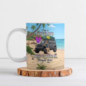 I’m A Flip Flops Jeep & Ocean Kinda Girl Ceramic Mug Tropical Beach Adventure Illustration Style