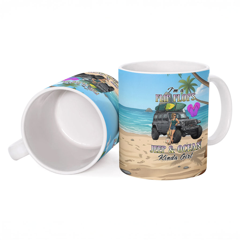 I’m A Flip Flops Jeep & Ocean Kinda Girl Ceramic Mug Tropical Beach Adventure Illustration Style