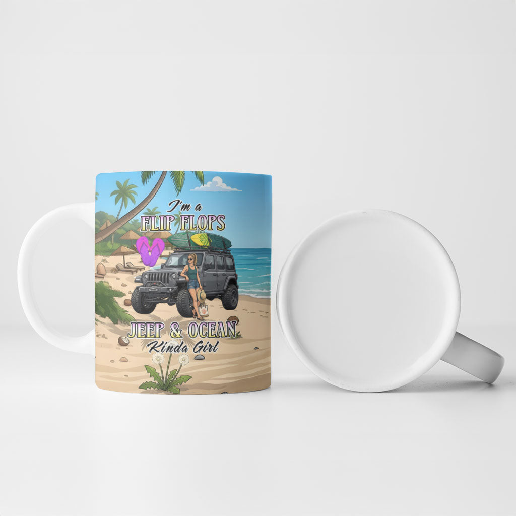 I’m A Flip Flops Jeep & Ocean Kinda Girl Ceramic Mug Tropical Beach Adventure Illustration Style
