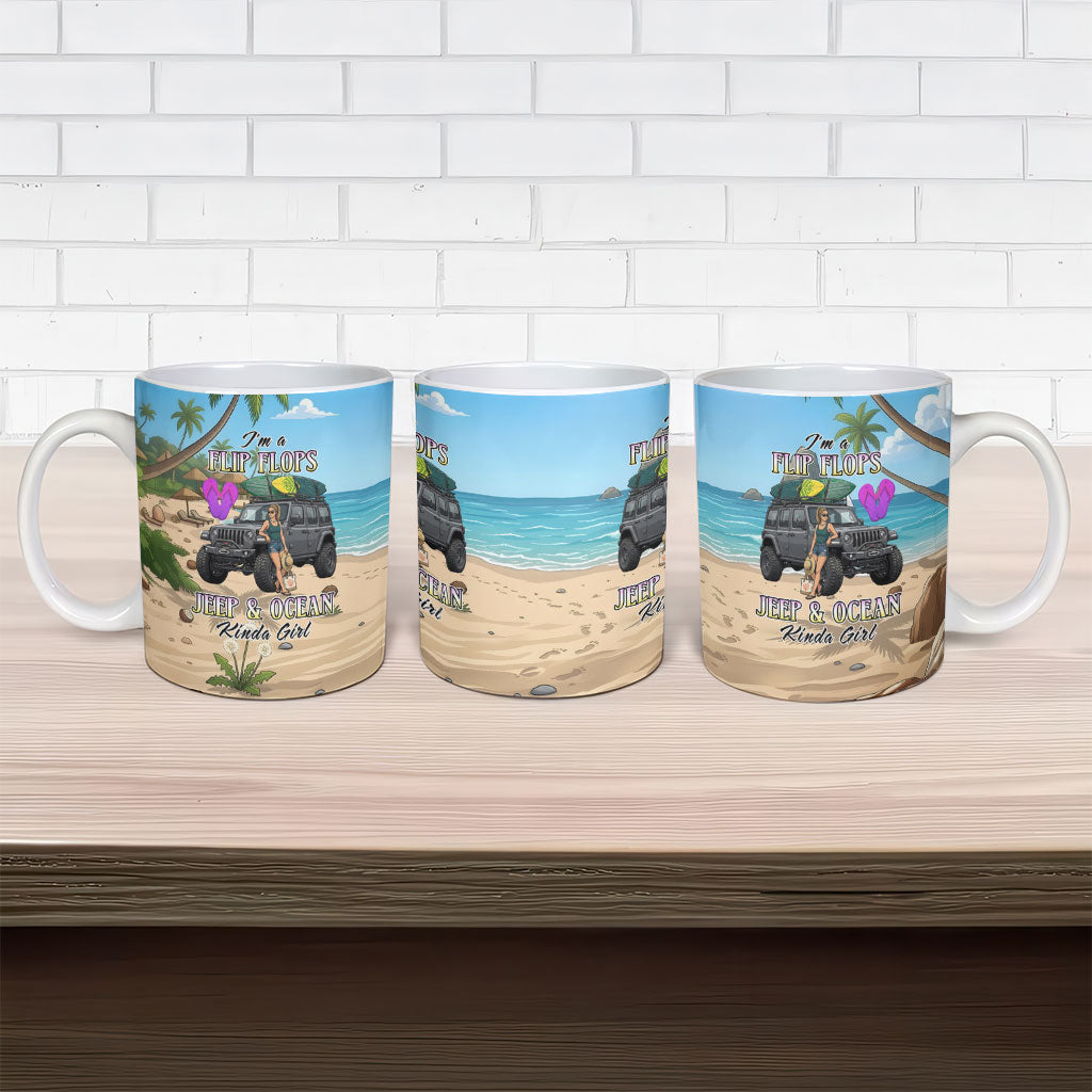 I’m A Flip Flops Jeep & Ocean Kinda Girl Ceramic Mug Tropical Beach Adventure Illustration Style