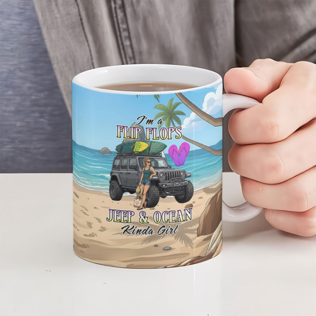 I’m A Flip Flops Jeep & Ocean Kinda Girl Ceramic Mug Tropical Beach Adventure Illustration Style