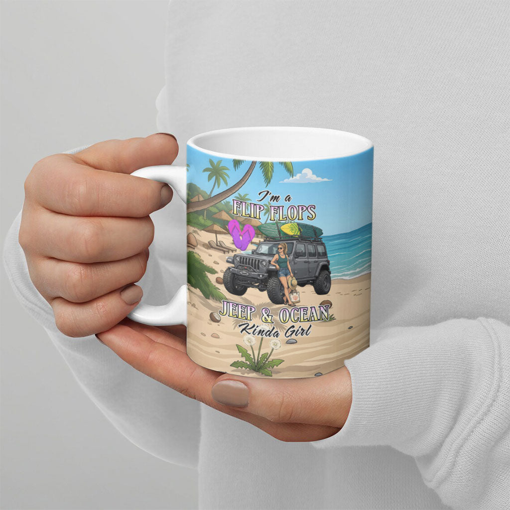 I’m A Flip Flops Jeep & Ocean Kinda Girl Ceramic Mug Tropical Beach Adventure Illustration Style