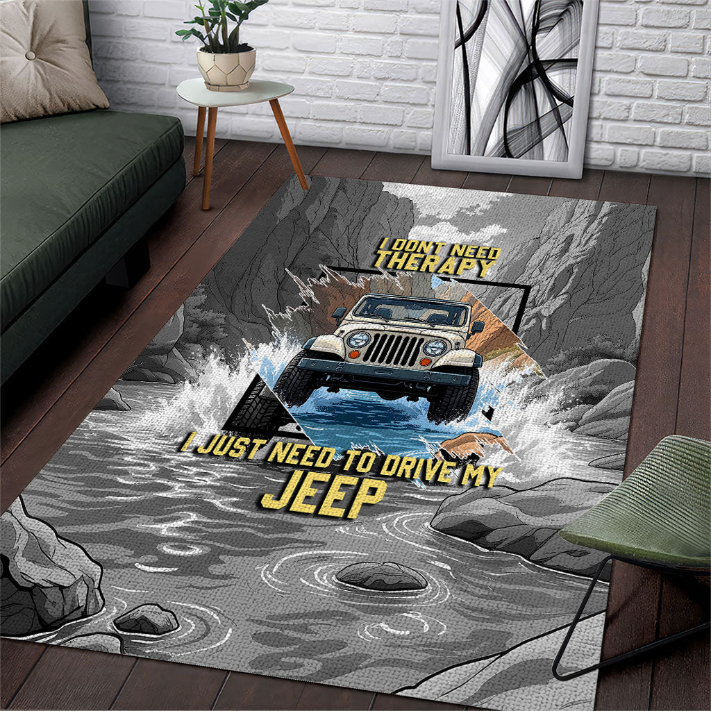I Don’t Need Therapy I Just Need To Drive My Jeep Area Rug Rugged Mountain River Overlanding Illustration TS04