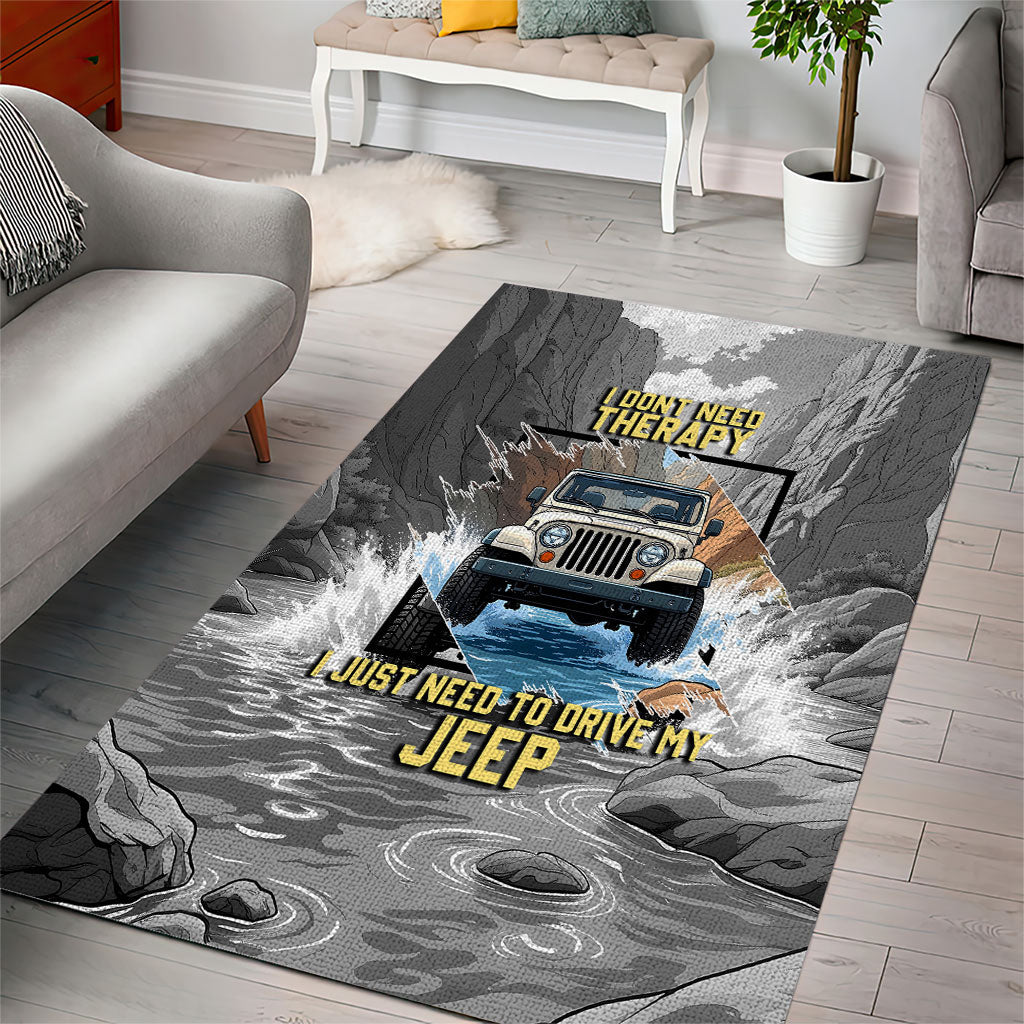 I Don’t Need Therapy I Just Need To Drive My Jeep Area Rug Rugged Mountain River Overlanding Illustration TS04