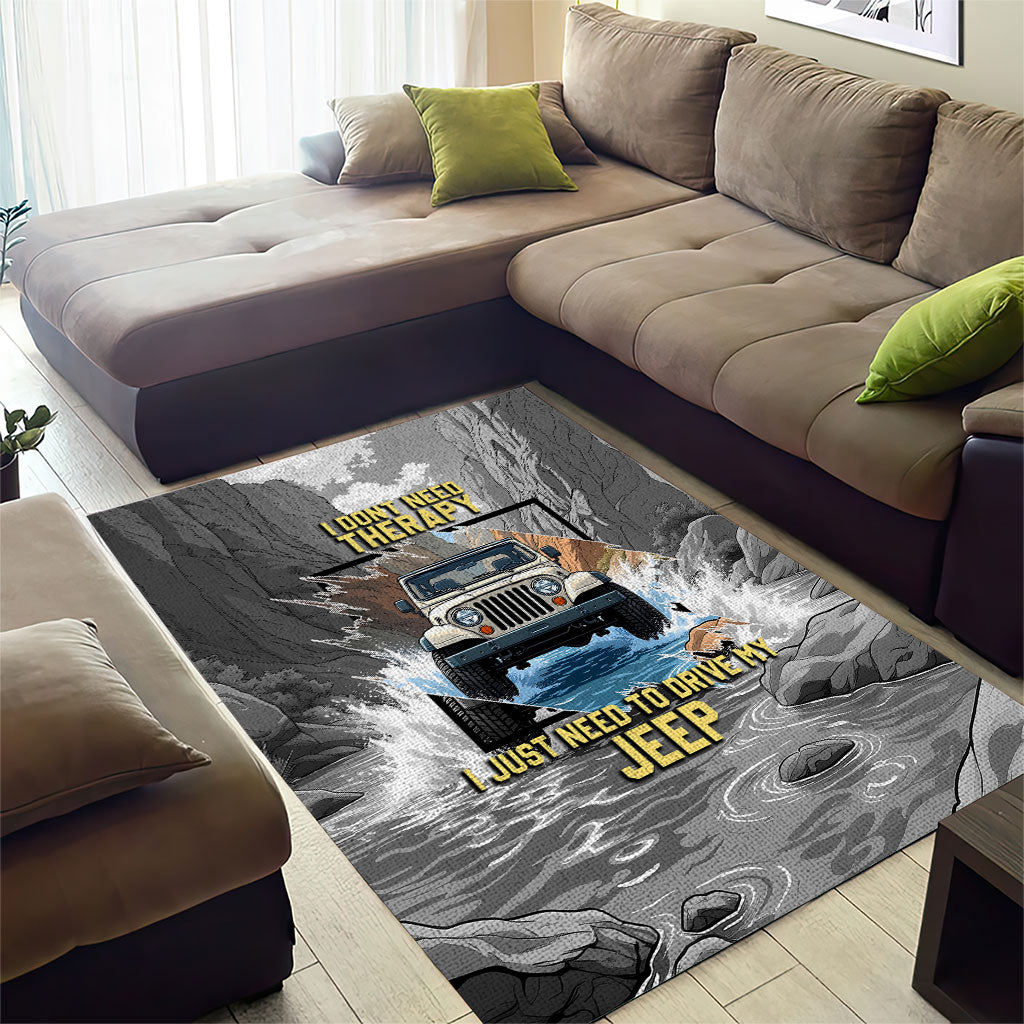 I Don’t Need Therapy I Just Need To Drive My Jeep Area Rug Rugged Mountain River Overlanding Illustration TS04
