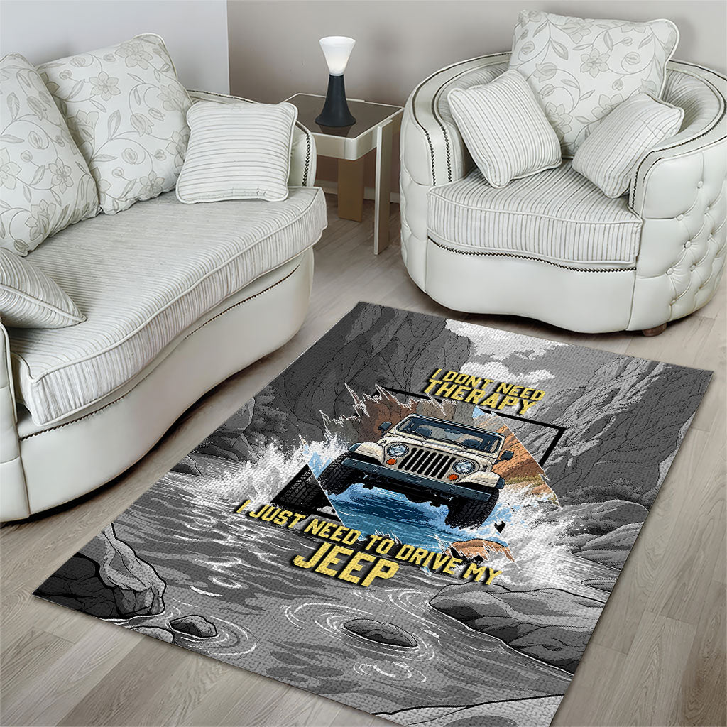 I Don’t Need Therapy I Just Need To Drive My Jeep Area Rug Rugged Mountain River Overlanding Illustration TS04