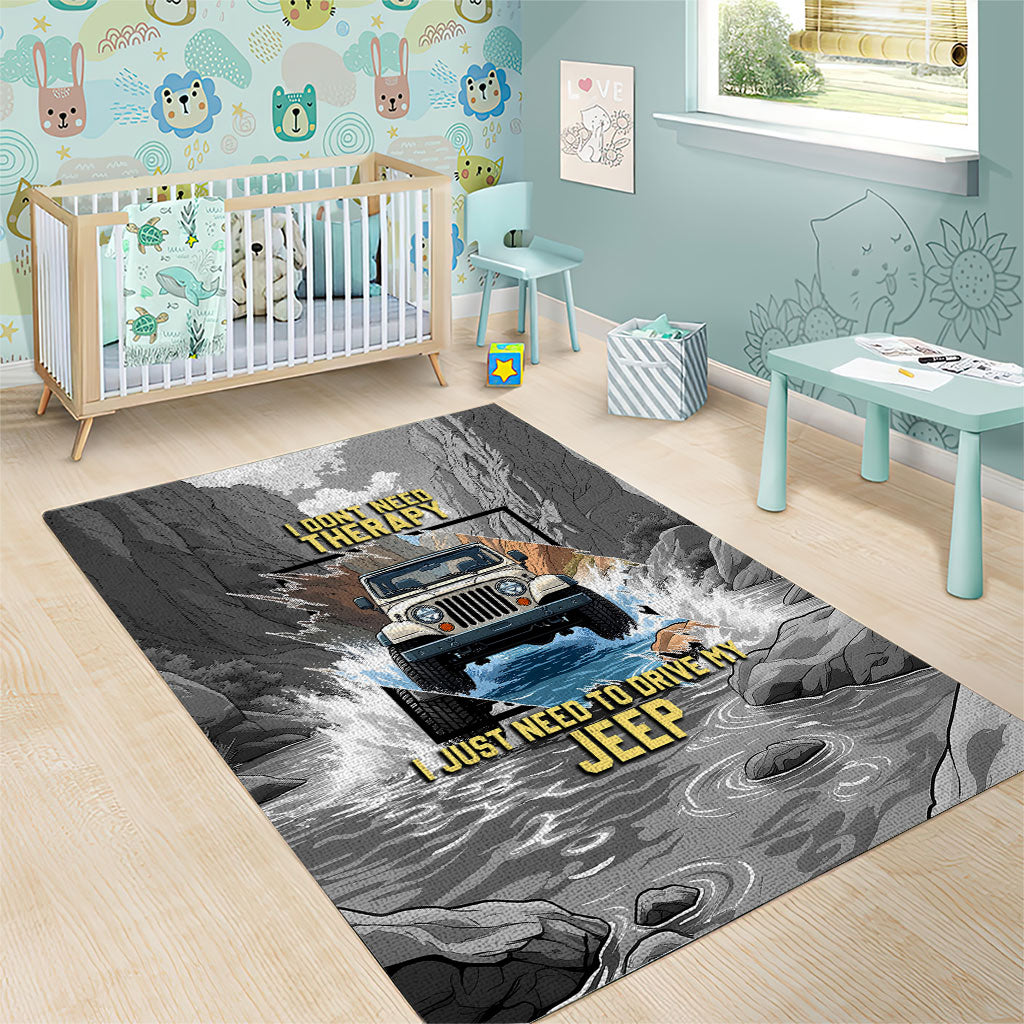 I Don’t Need Therapy I Just Need To Drive My Jeep Area Rug Rugged Mountain River Overlanding Illustration TS04