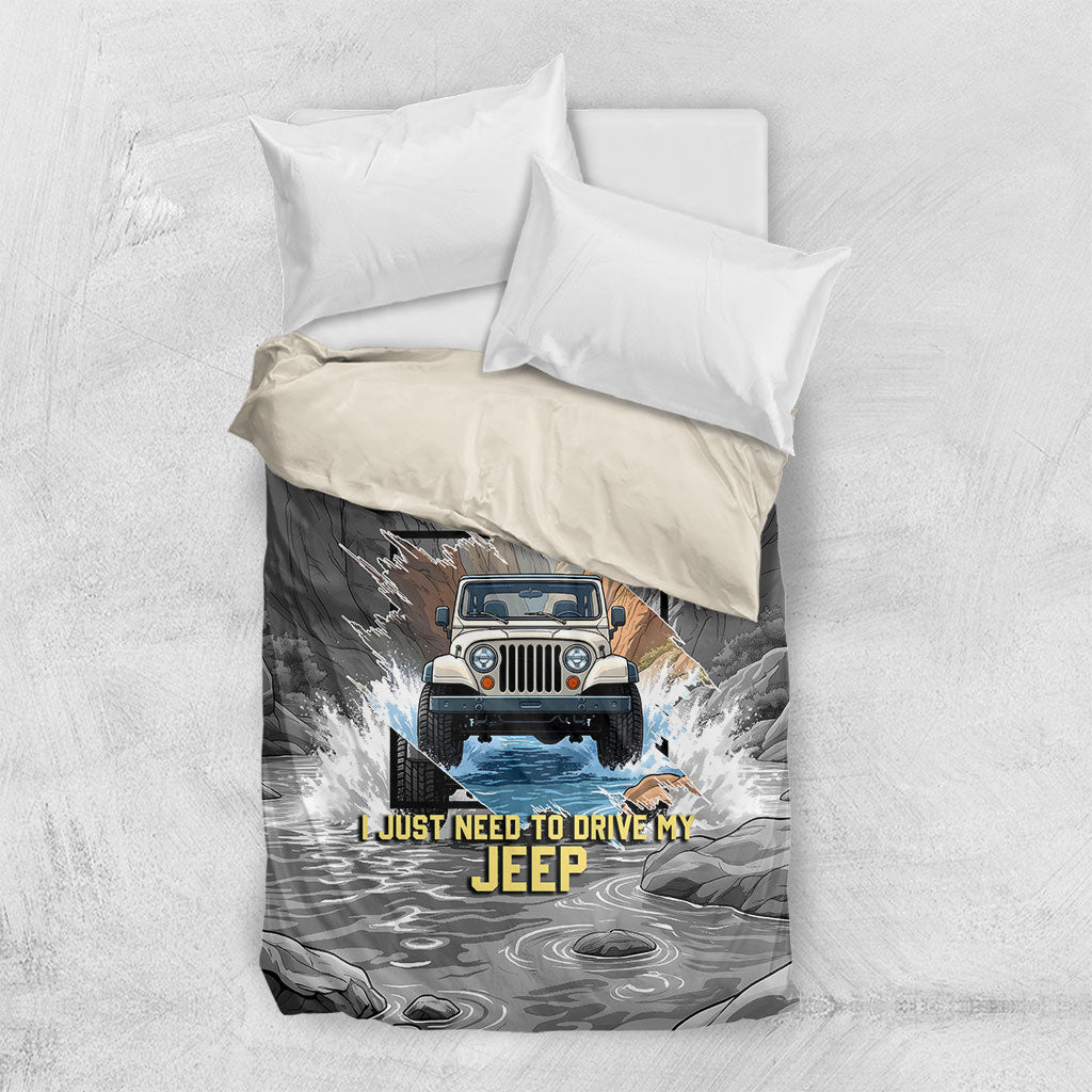 I Don’t Need Therapy I Just Need To Drive My Jeep Bedding Set Rugged Mountain River Overlanding Illustration