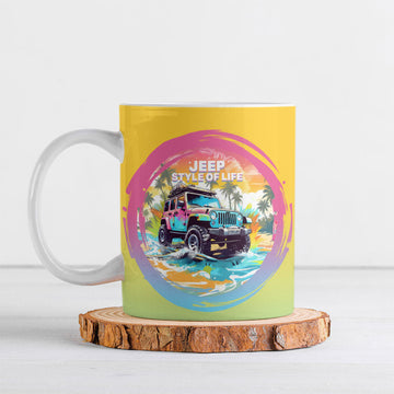 Hawaiian Beach Offroad Adventure Jeep Ceramic Mug Vibrant Retro Watercolor Sunset Tropical Graphic