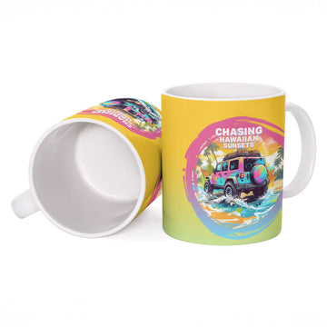 Hawaiian Beach Offroad Adventure Jeep Ceramic Mug Vibrant Retro Watercolor Sunset Tropical Graphic