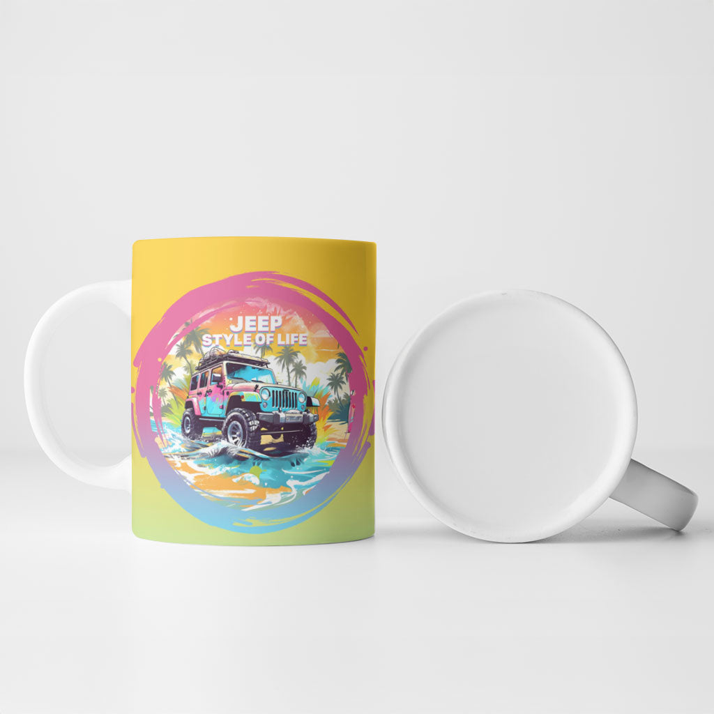 Hawaiian Beach Offroad Adventure Jeep Ceramic Mug Vibrant Retro Watercolor Sunset Tropical Graphic