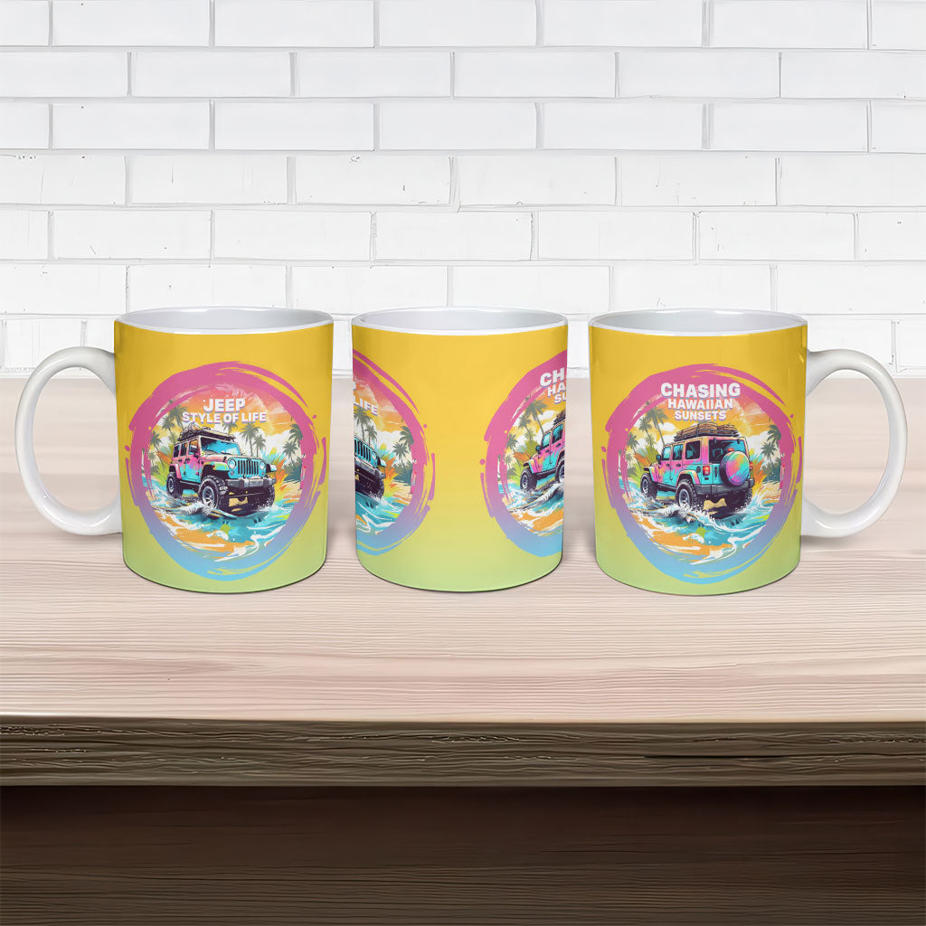 Hawaiian Beach Offroad Adventure Jeep Ceramic Mug Vibrant Retro Watercolor Sunset Tropical Graphic