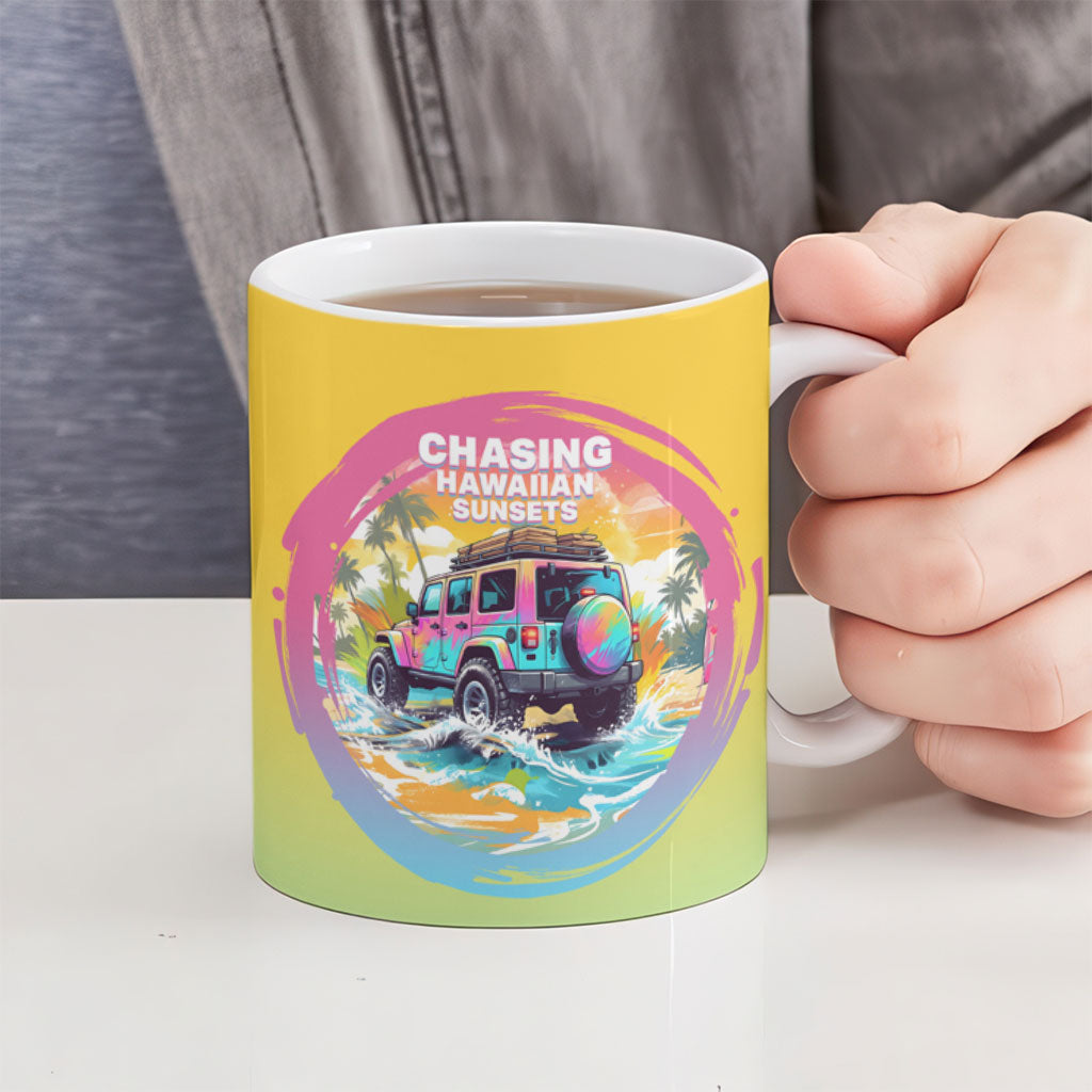 Hawaiian Beach Offroad Adventure Jeep Ceramic Mug Vibrant Retro Watercolor Sunset Tropical Graphic