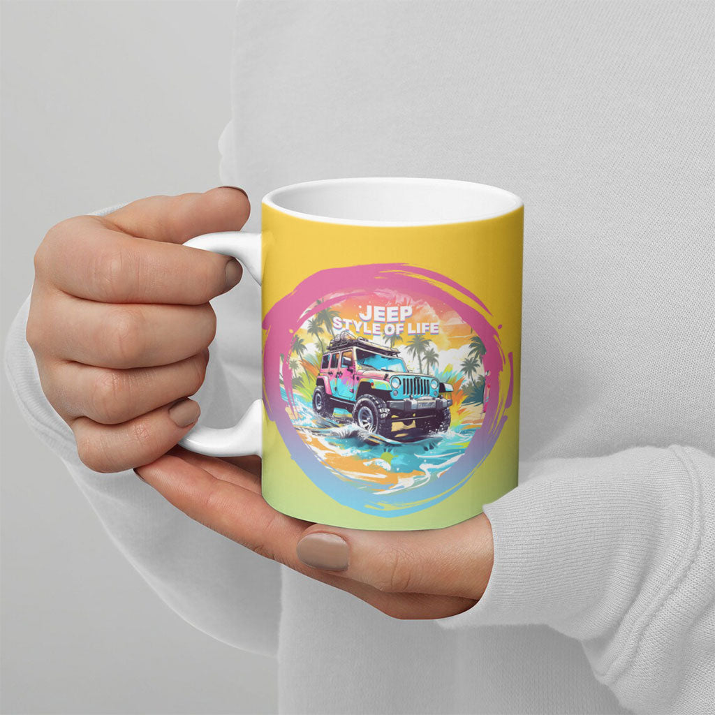 Hawaiian Beach Offroad Adventure Jeep Ceramic Mug Vibrant Retro Watercolor Sunset Tropical Graphic