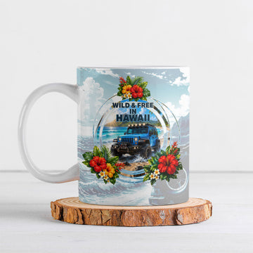 Personalized Jeep Hawaiian Beach Ceramic Mug Offroad Adventure Tropical Hibiscus Floral