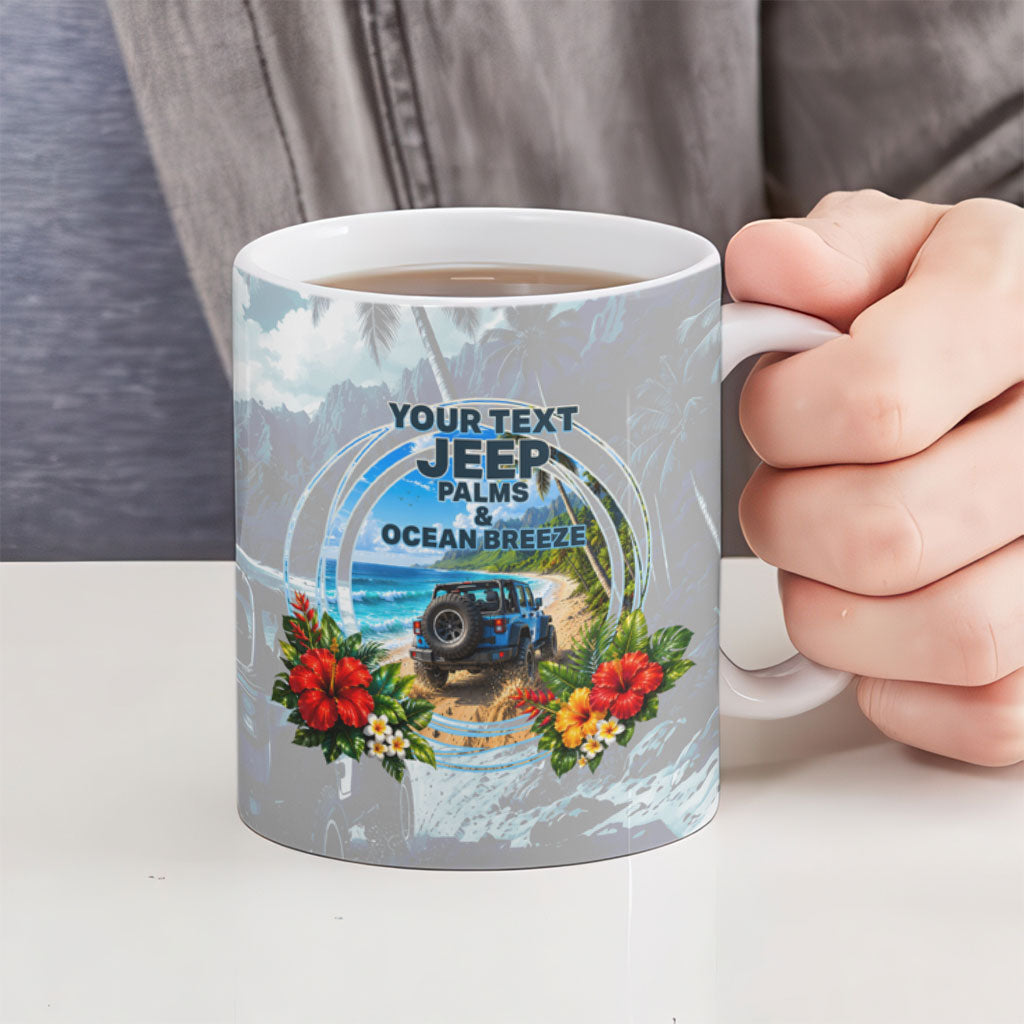 Personalized Jeep Hawaiian Beach Ceramic Mug Offroad Adventure Tropical Hibiscus Floral