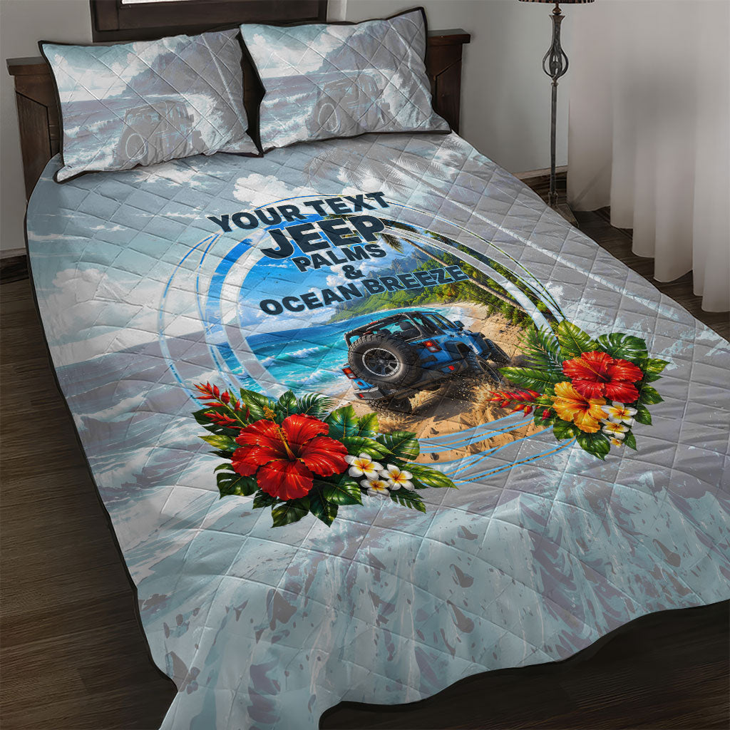 Personalized Jeep Hawaiian Beach Quilt Bed Set Offroad Adventure Tropical Hibiscus Floral