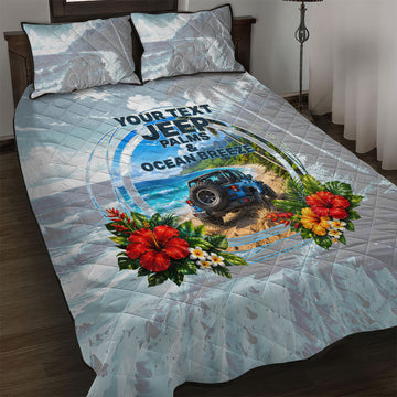 Personalized Jeep Hawaiian Beach Quilt Bed Set Offroad Adventure Tropical Hibiscus Floral