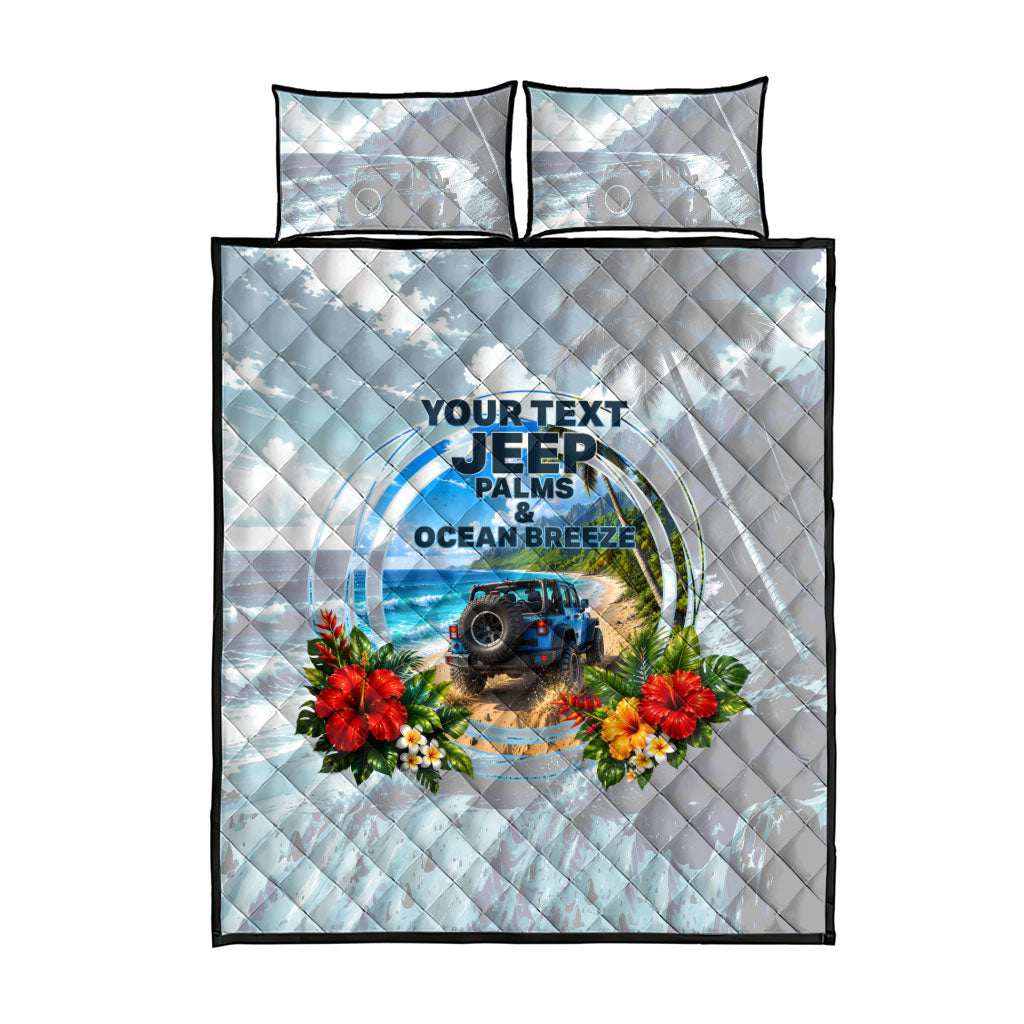 Personalized Jeep Hawaiian Beach Quilt Bed Set Offroad Adventure Tropical Hibiscus Floral