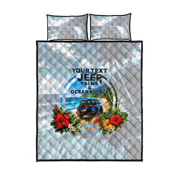 Personalized Jeep Hawaiian Beach Quilt Bed Set Offroad Adventure Tropical Hibiscus Floral