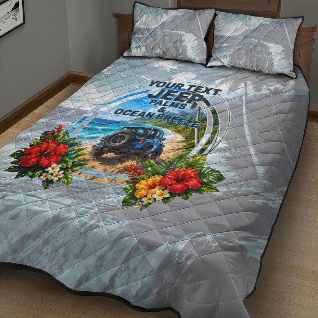 Personalized Jeep Hawaiian Beach Quilt Bed Set Offroad Adventure Tropical Hibiscus Floral