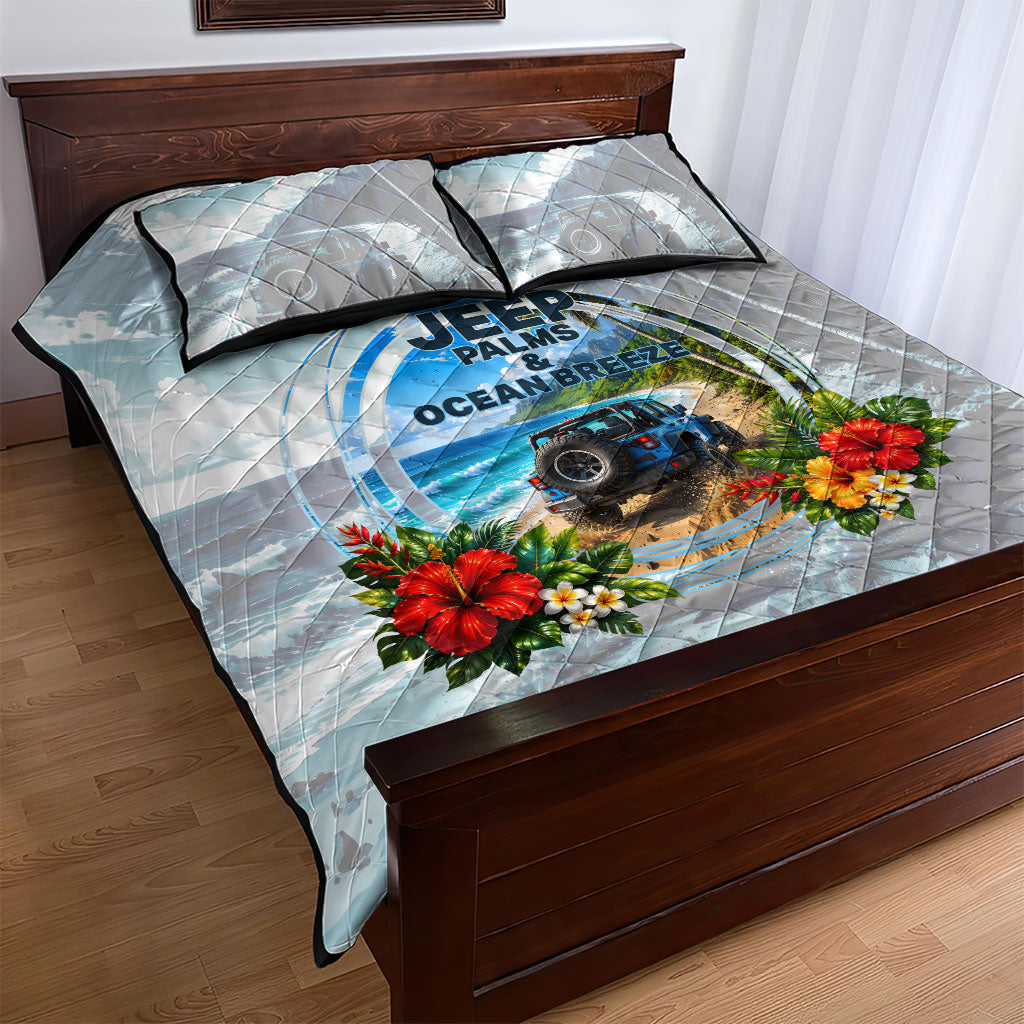 Personalized Jeep Hawaiian Beach Quilt Bed Set Offroad Adventure Tropical Hibiscus Floral