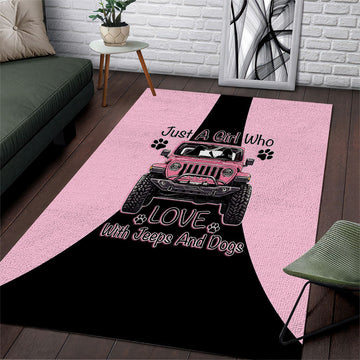 Just A Girl Who Love With Jeeps And Dogs Area Rug Pink Off-Road Illustration with Cute Paw Print Graphic Style TS04
