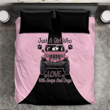 Just A Girl Who Love With Jeeps And Dogs Bedding Set Pink Off-Road Illustration with Cute Paw Print Graphic Style