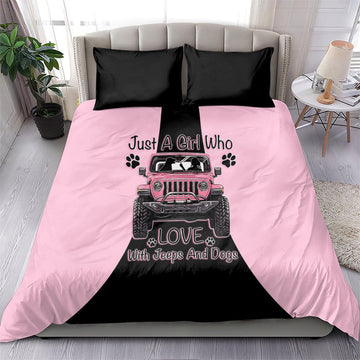 Just A Girl Who Love With Jeeps And Dogs Bedding Set Pink Off-Road Illustration with Cute Paw Print Graphic Style