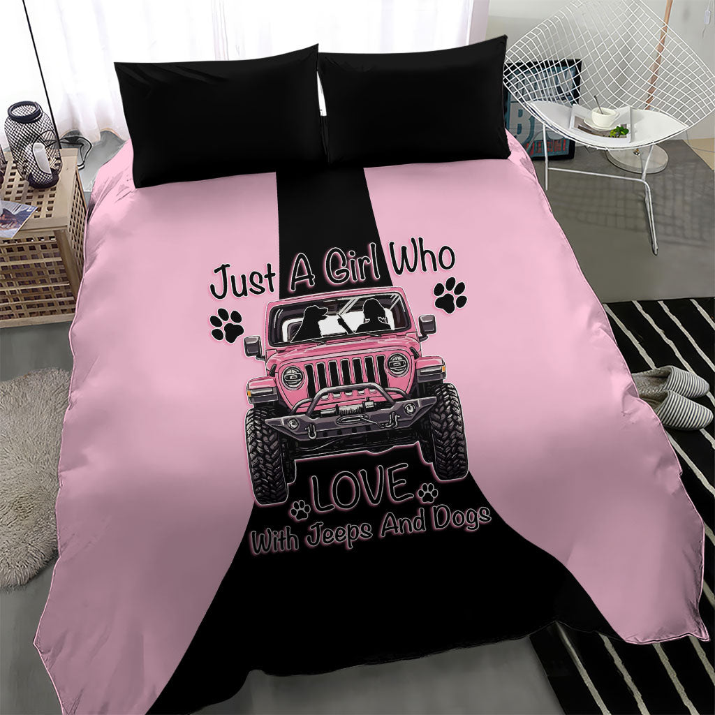 Just A Girl Who Love With Jeeps And Dogs Bedding Set Pink Off-Road Illustration with Cute Paw Print Graphic Style