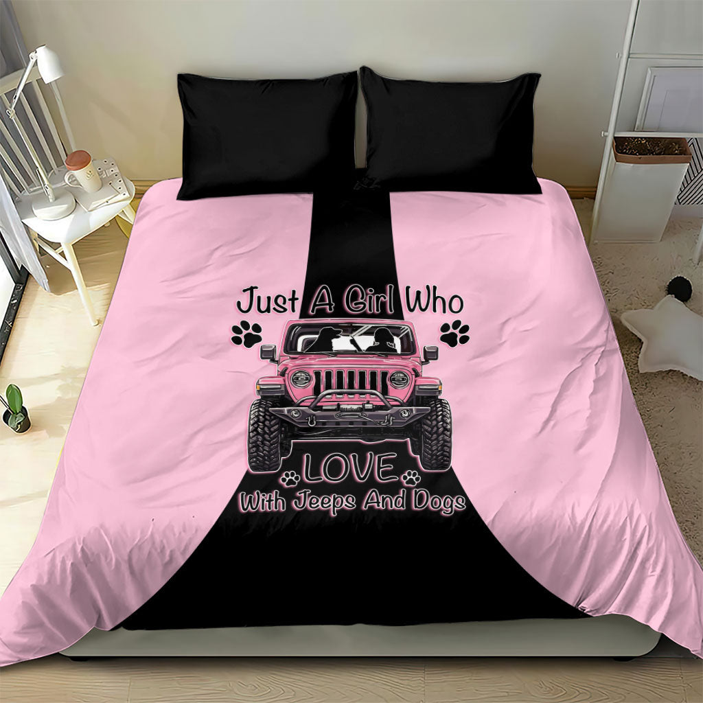 Just A Girl Who Love With Jeeps And Dogs Bedding Set Pink Off-Road Illustration with Cute Paw Print Graphic Style