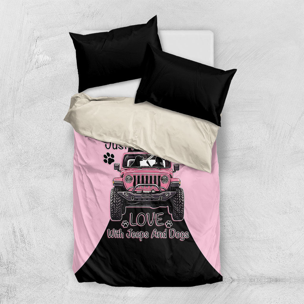 Just A Girl Who Love With Jeeps And Dogs Bedding Set Pink Off-Road Illustration with Cute Paw Print Graphic Style